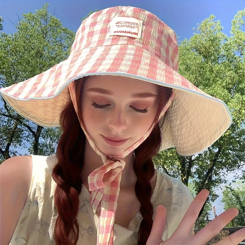 Plaid fisherman hat trendy seaside beach sunshade hat double-sided wearable plaid summer sunscreen hat
