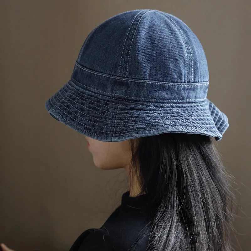 Japanese Retro Simple Dome Denim Basin Caps for Women Spring and Summer Travel Casual Versatile Sunscreen Bucket Hats Men