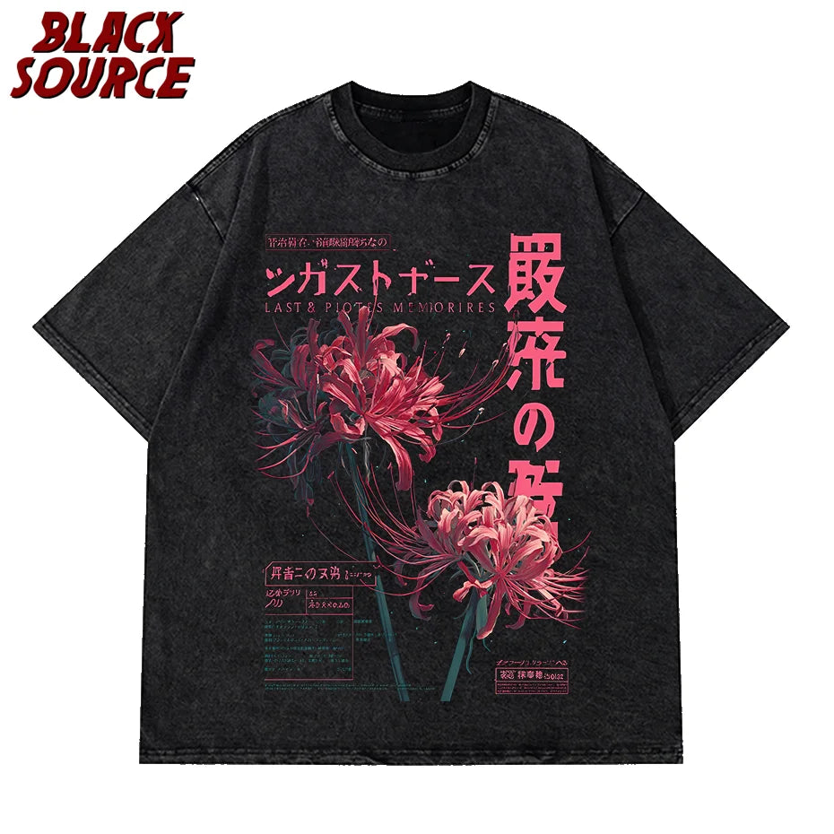 T171 Anime Aesthetic Washed T-shirt with Soft Grunge Flower Japanese Spider Lily, Aesthetic Clothing, Shirts for men's Clothing