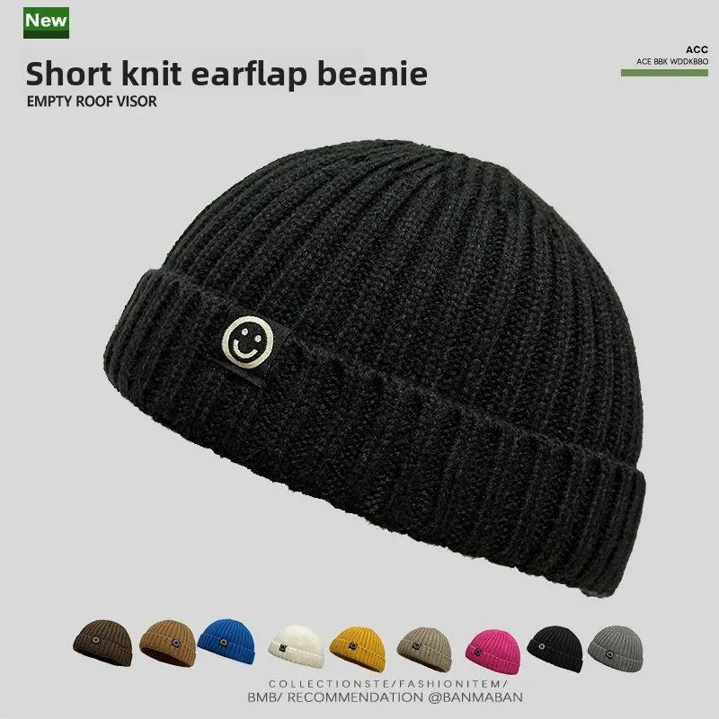 Men's Warm Smile Face Patch Knit Beanie Winter Skull Cap Short Cuff Soft Ribbed Knitted Hat for Outdoor Daily Wear