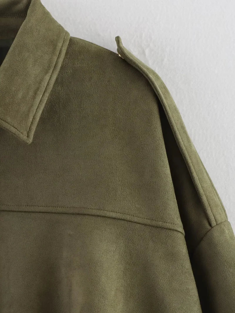 ETJ 2026 Spring New Women's Suede Texture Effect Loose Version of Fashion Lapel Shoulder Jacket