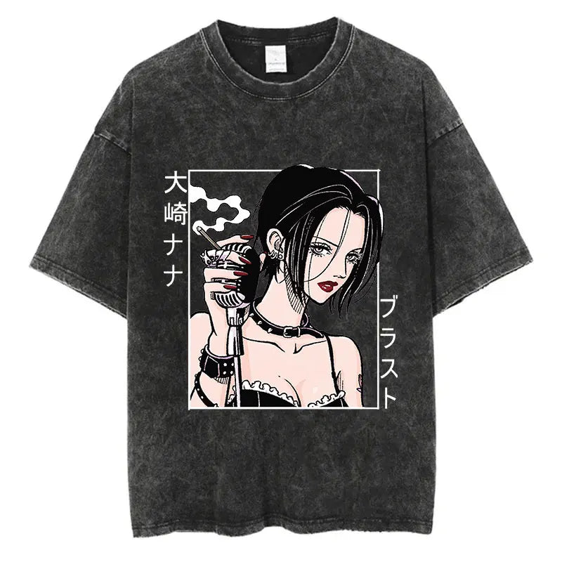 Japanese Anime Nana Osaki Print Vintage Washed Tshirt Harajuku Streetwear Graphic T-Shirt Summer Short Sleeve Cotton Tshirt