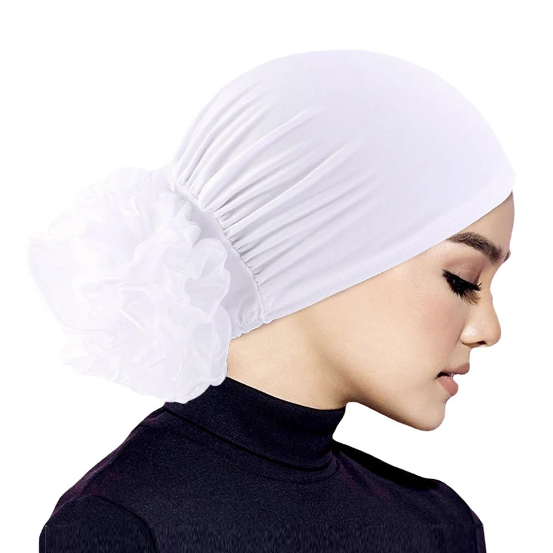 Women's Hijabs Turban Big Flower Elastic Cloth Hair Bands Hat Beanie Ladies Muslim Solid Hair Loss Scarf Cap Hair Accessories