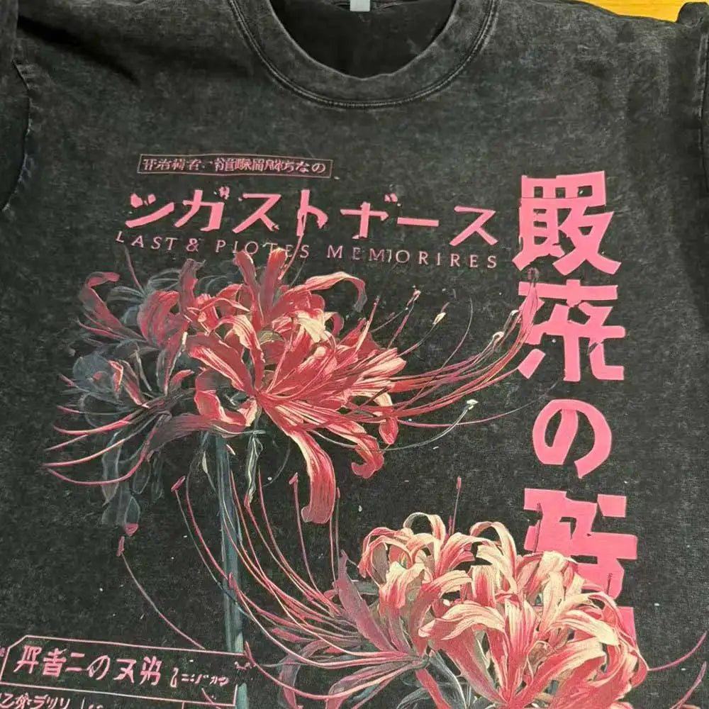 T171 Anime Aesthetic Washed T-shirt with Soft Grunge Flower Japanese Spider Lily, Aesthetic Clothing, Shirts for men's Clothing
