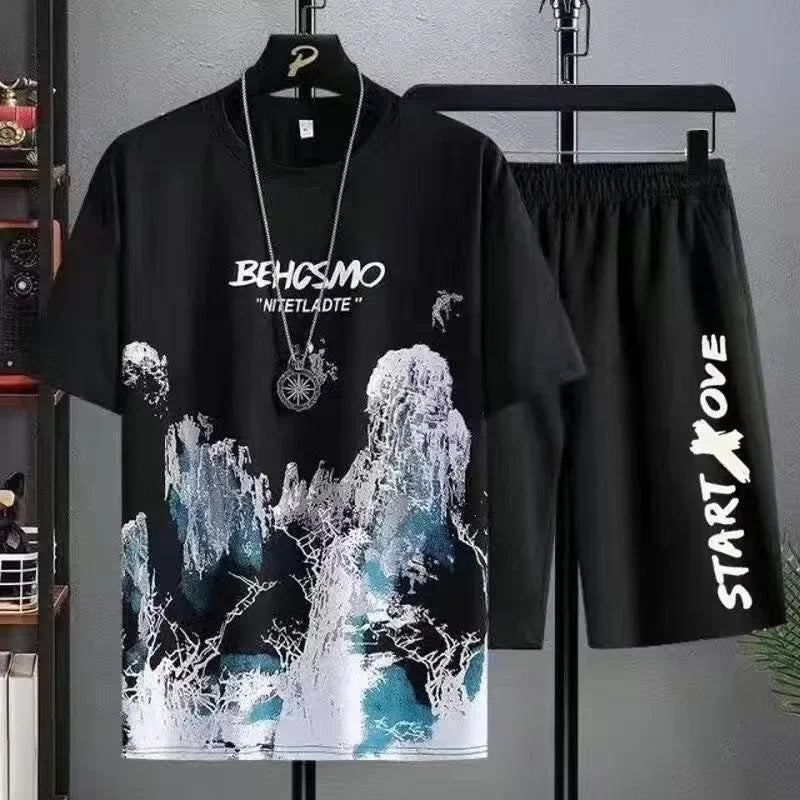 2025 Summer Thin casual Men set Manga Graffiti Tees T-shirt+shorts 2-piece Comfortable and breathable men Top Print Tshirts sets