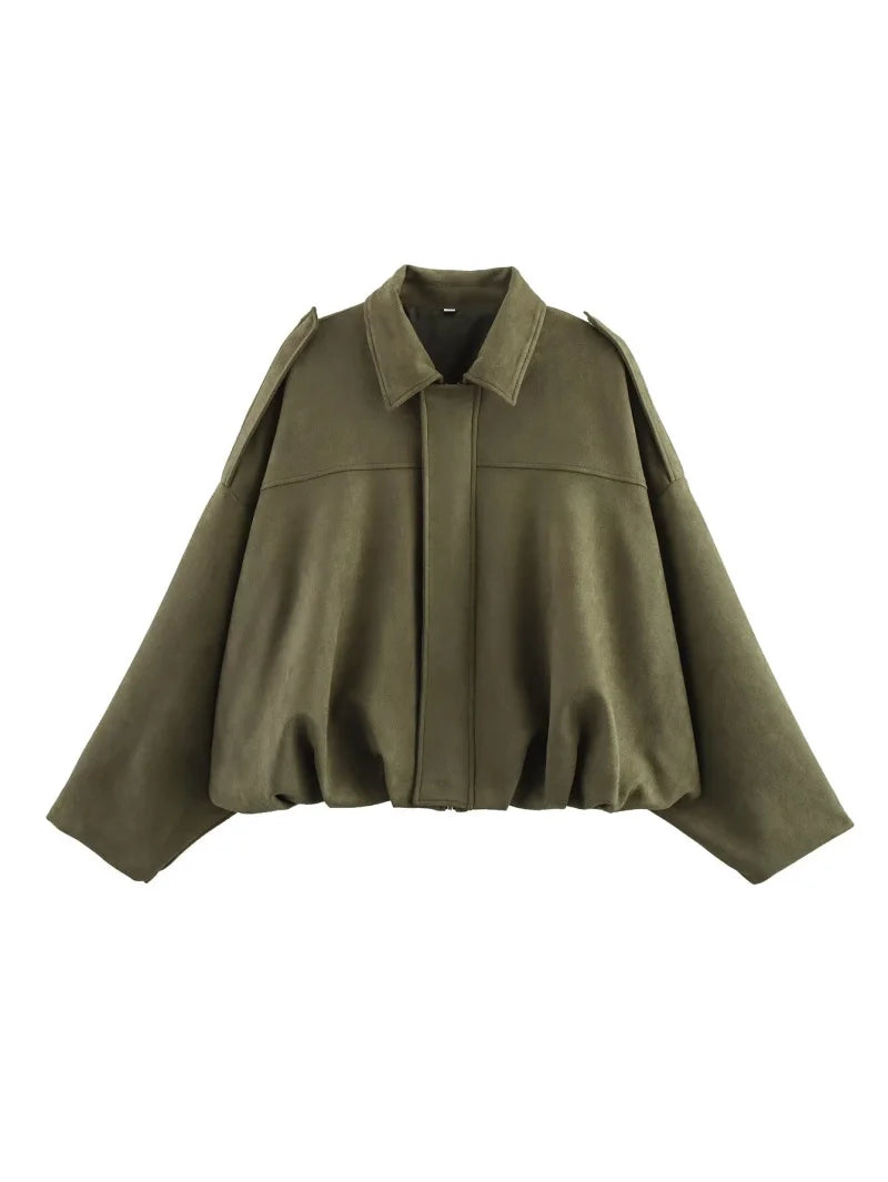 ETJ 2026 Spring New Women's Suede Texture Effect Loose Version of Fashion Lapel Shoulder Jacket