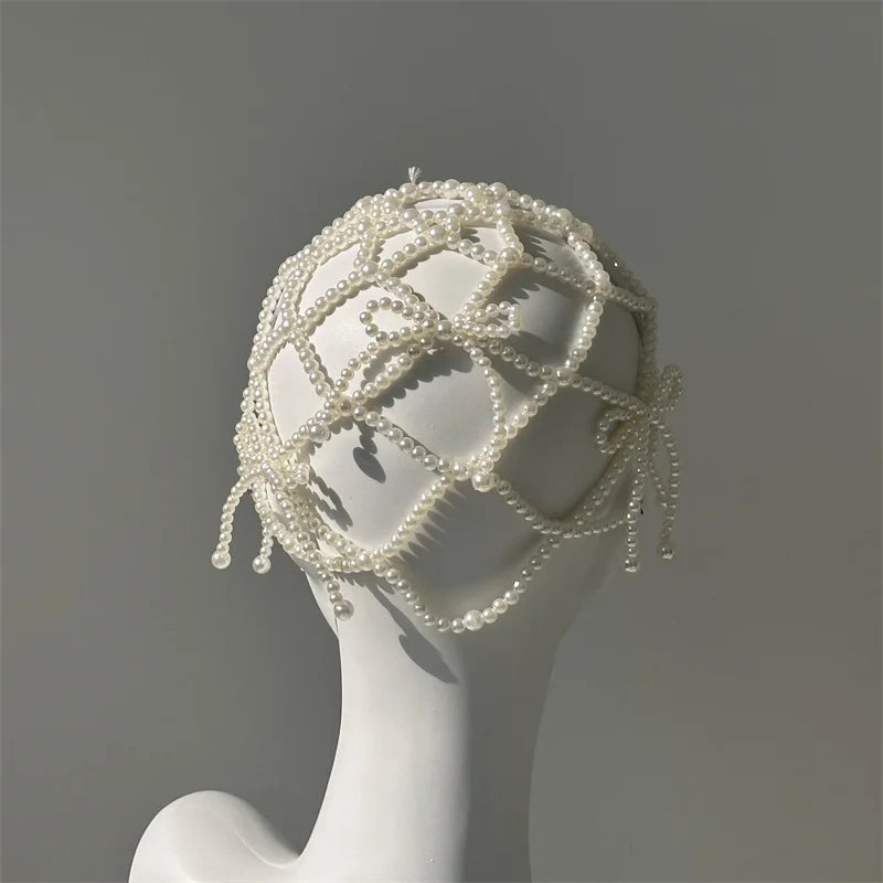 2024 new fashion chic women white handmade pearl weave hat