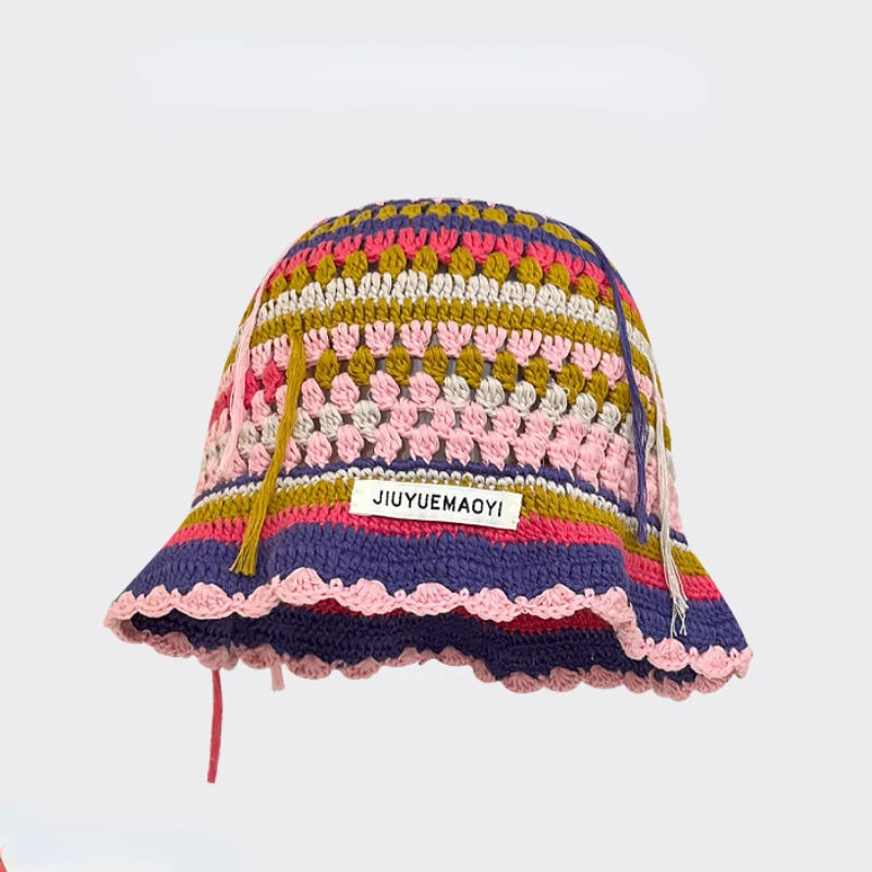 2025 Autumn New Crochet Korean Handmade Bucket Hat Women Weaving Knitted Hat Y2k Fashion Flowers Autumn Winter Beanies Basin Cap