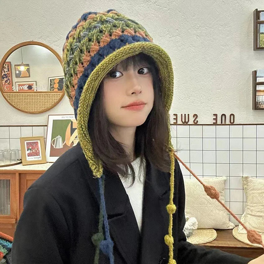 1Pc Curled Brim Wool Hat for Women, Winter Knitted Hat, Windproof Striped Rainbow Knitted Hat, Tassel Ball Knitted Hat, Suitable.