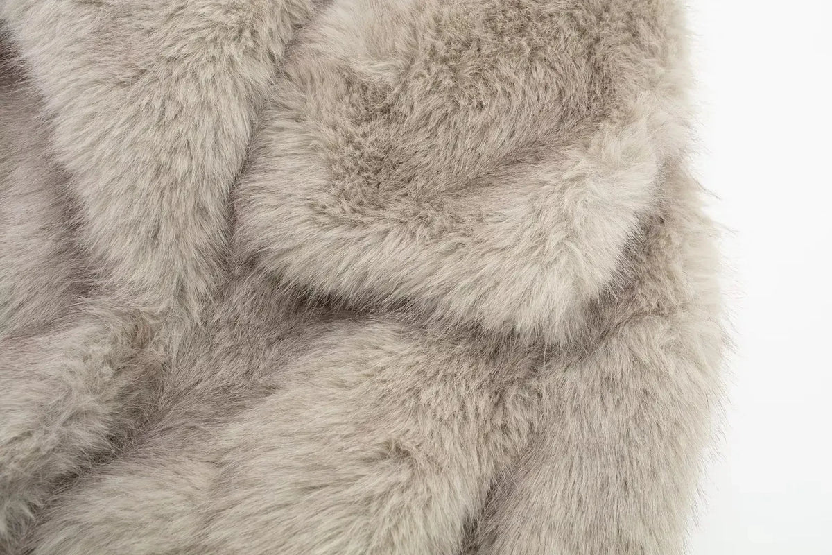 HH Women Fashion Cropped Faux Fur Jacket Coat Long Sleeve Front Snap-button Female Outerwear Chic Lapel Collar Thick Coat