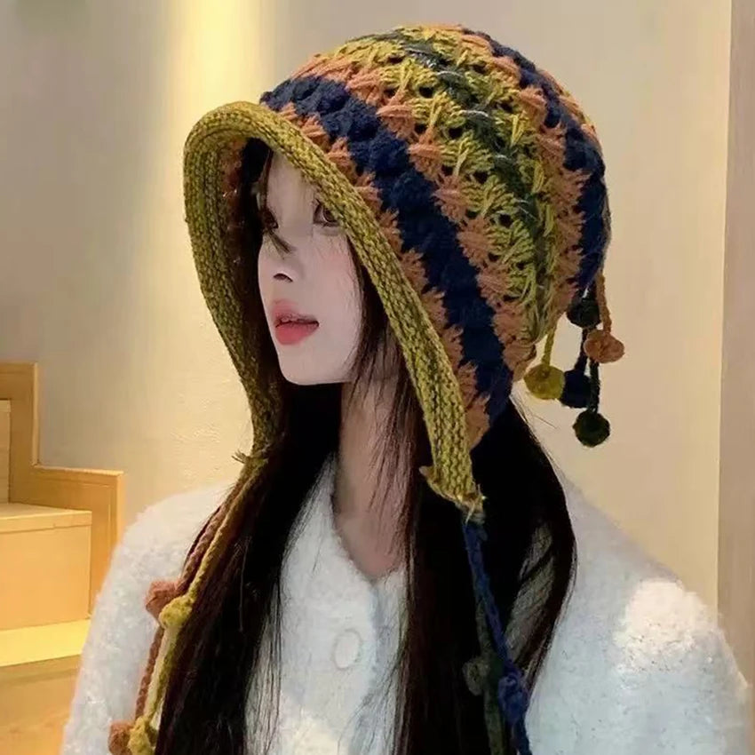 1Pc Curled Brim Wool Hat for Women, Winter Knitted Hat, Windproof Striped Rainbow Knitted Hat, Tassel Ball Knitted Hat, Suitable.