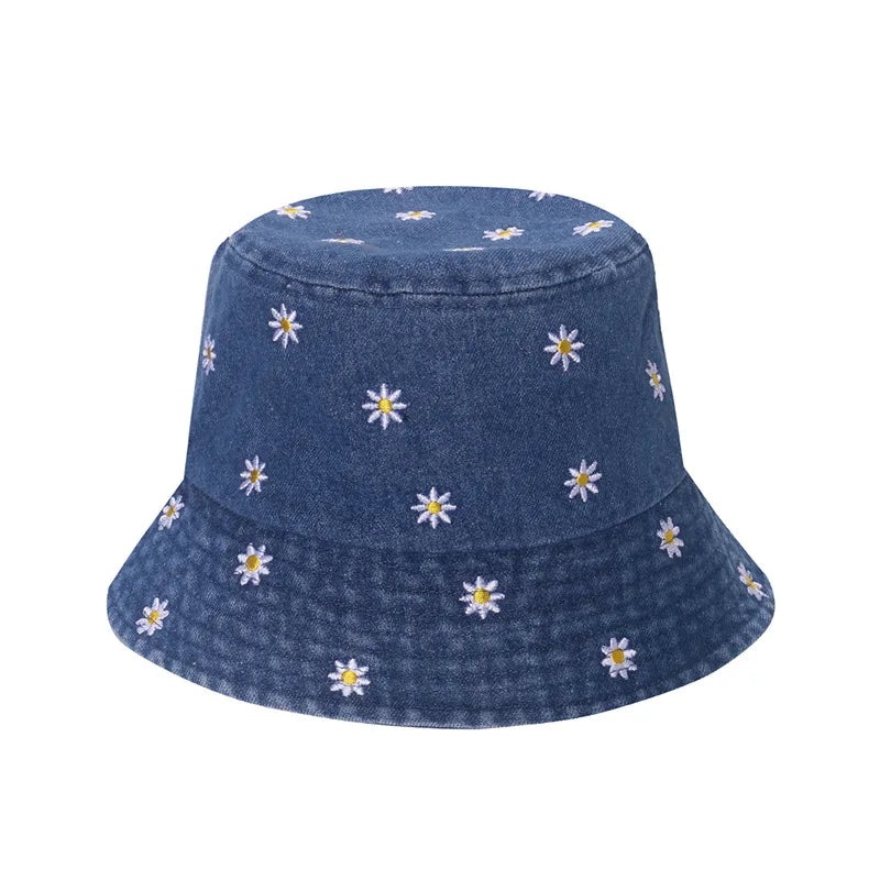 Popular Little Daisy Embroidered Cotton Summer Jeans Bucket Hat Cap For Women Spring Fisherman Hat Outdoor Travel Sunshade Gift
