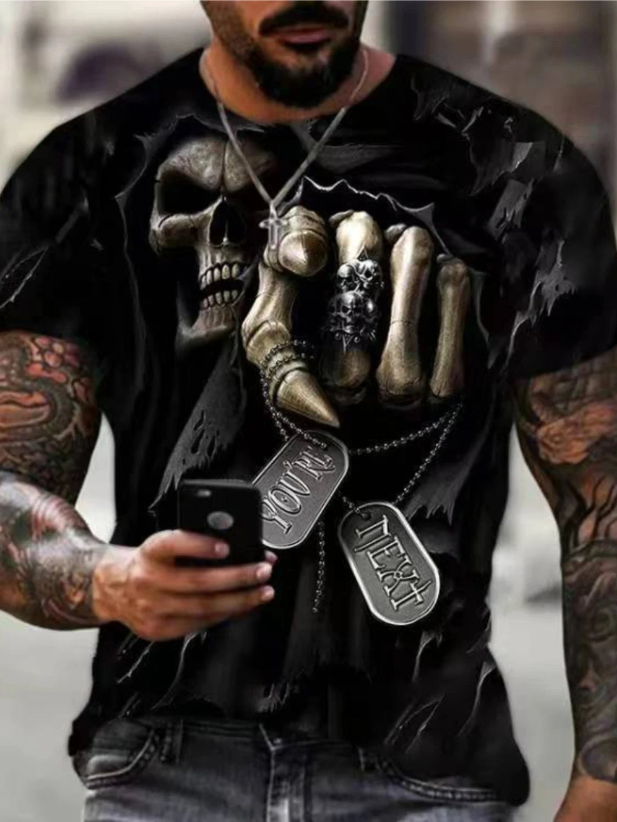 Men's Casual T-Shirt, Gothic Skull Heart Hands Graphic Black Short Sleeve Crew Neck Tee Cool Streetwear Halloween Fashion Top