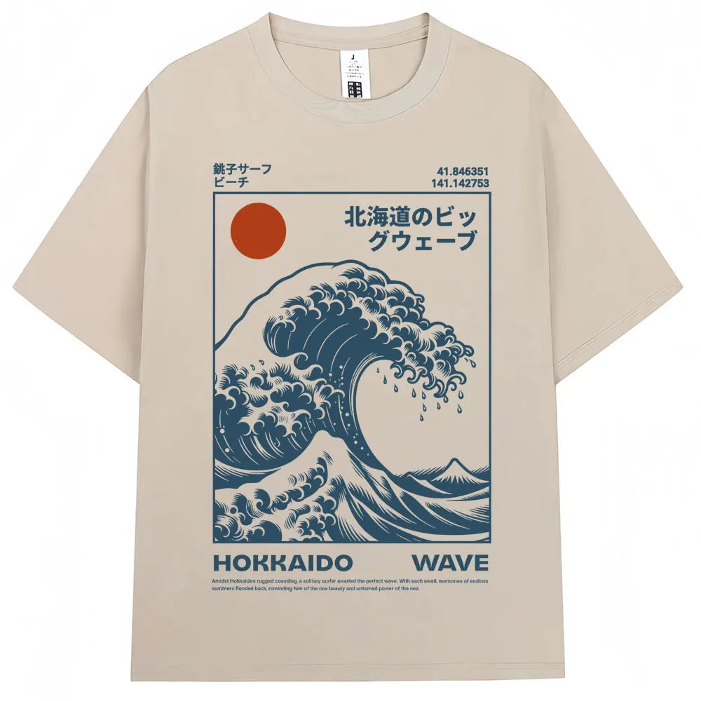Japanese Style Hokkaido Wave Vintage T-shirt Men Women Harajuku Fashion High Quality T Shirts Oversized Cotton Summer Tee Shirt