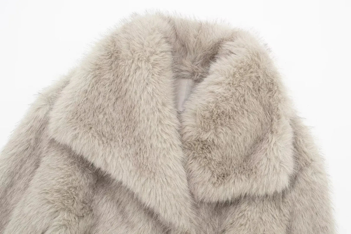 HH Women Fashion Cropped Faux Fur Jacket Coat Long Sleeve Front Snap-button Female Outerwear Chic Lapel Collar Thick Coat