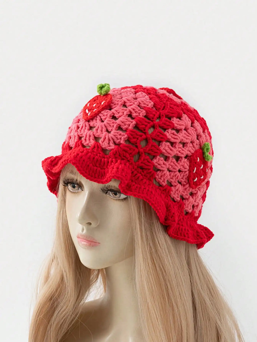 Lady'S Cartoon Red Strawberry-Shaped Fisherman'S Hat, Bohemian-Style Hand-Crocheted And Hollowed-Out Ruffled Cute Knitted Hat