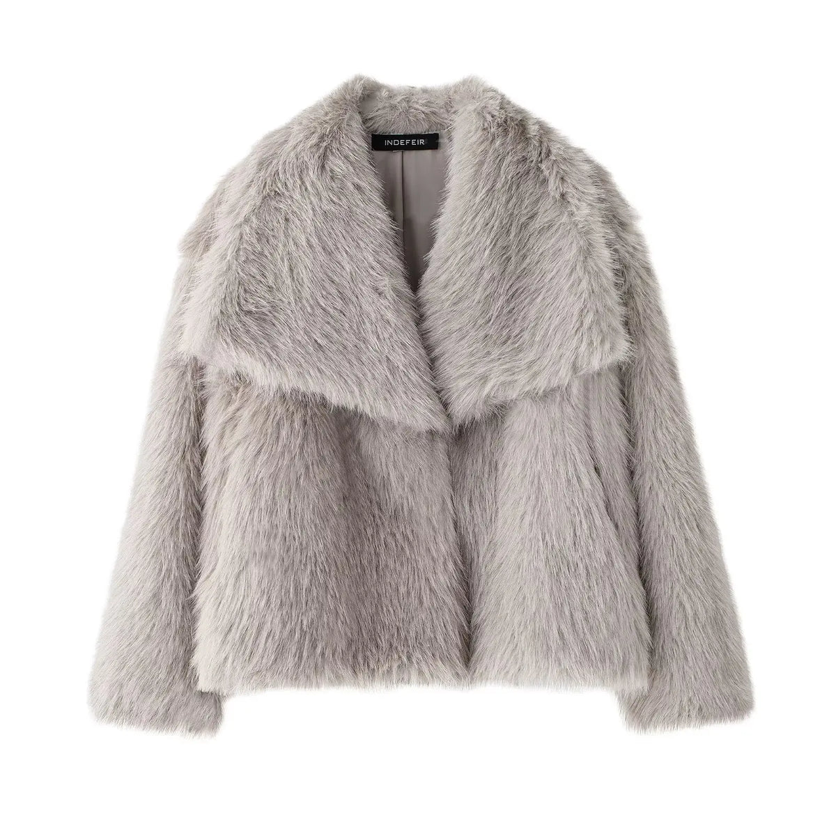 HH Women Fashion Cropped Faux Fur Jacket Coat Long Sleeve Front Snap-button Female Outerwear Chic Lapel Collar Thick Coat
