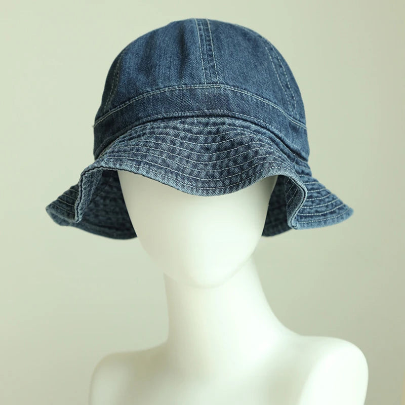 Japanese Retro Simple Dome Denim Basin Caps for Women Spring and Summer Travel Casual Versatile Sunscreen Bucket Hats Men