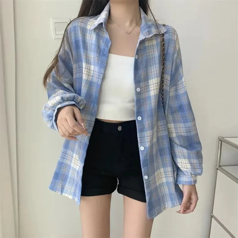 Plaid Shirt Women Fashion Autumn Long Sleeve Top Female Vintage Single Breasted Blouse Ladies Preppy Style Loose Check Shirts