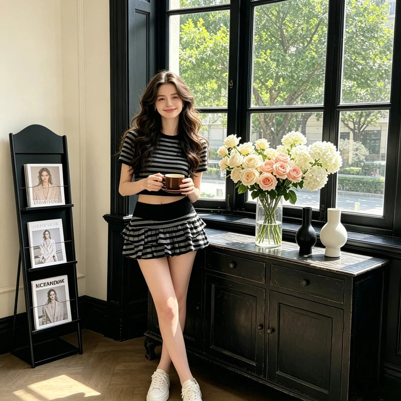Striped Color-Blocking Sexy Fashion Y2K Street Niche Hot Girl Trendy Versatile Tiered Mini Skirt Women's Clothing Harajuku Retro Style Mini Skirt