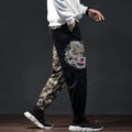 Flat Front Loose Mens Japanese Retro Trend Embroidered Color Matching Casual Trousers