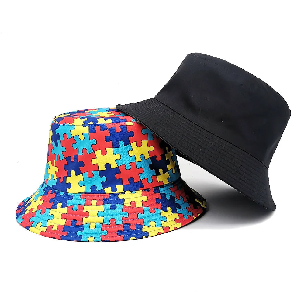 Europe and America Retro Nostalgic 90s Tape Pattern Bucket Hat Female Double Sided Spring and Summer Outdoor Sunscreen Sun Hat