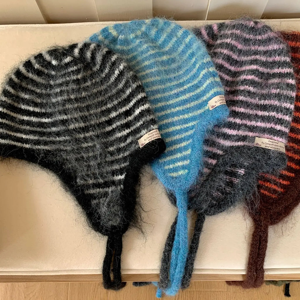Winter Hat Women Wool Knitted Striped Beanie Baggy Cap Warm Windproof Outdoor Ski Balaclava Casual New