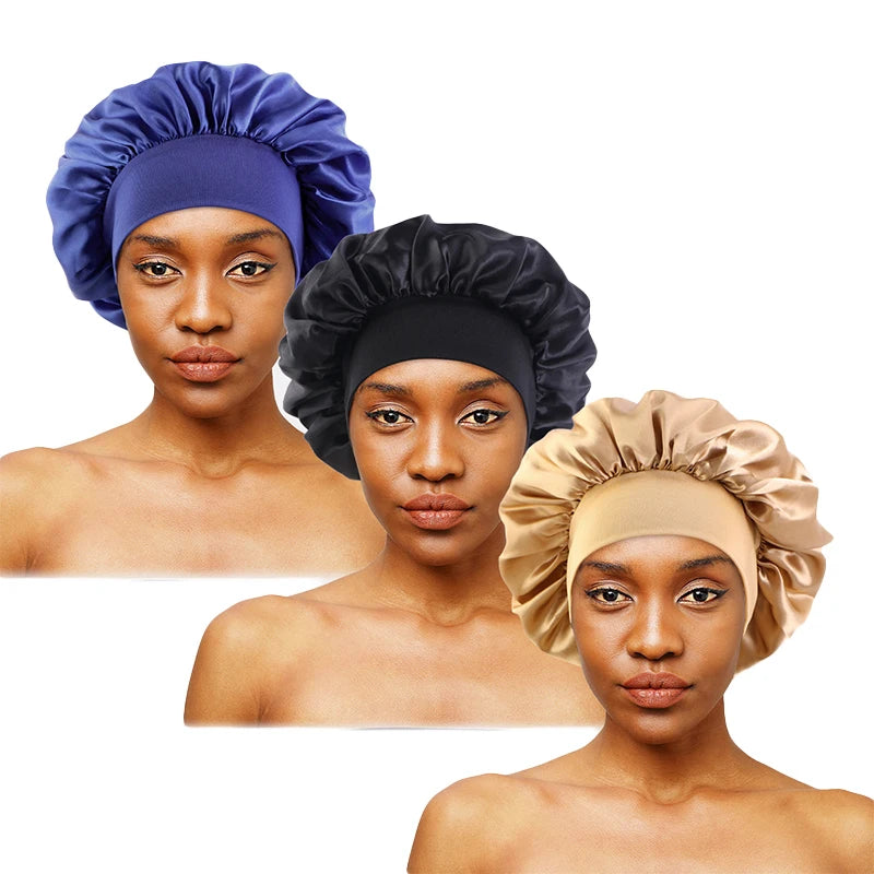 3PCS/LOT Unisex Elastic Band Cap For Brimmed Night Hat Bath Cap Extra Large Satin Silky Bonnet Sleep Hat For Curly Springy