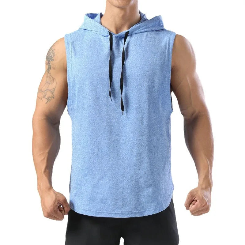 Mens Sleeveless Hooded Tank Tops Summer Gym Bodybuilding Fitness Sport Workout Singlet Solid Color Sports Vest