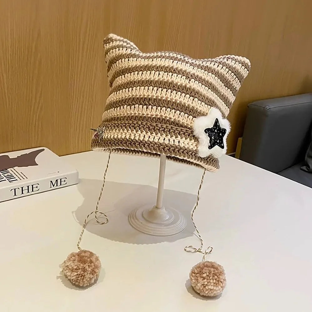 Y2K Beanie Hat Women Ins Devil Ear Striped Knitted Wool Cap Autumn Winter Hip-hop Crochet Cute Cat Ears Pointed Pullover Hats
