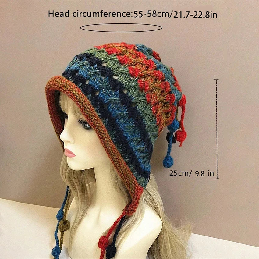1Pc Curled Brim Wool Hat for Women, Winter Knitted Hat, Windproof Striped Rainbow Knitted Hat, Tassel Ball Knitted Hat, Suitable.