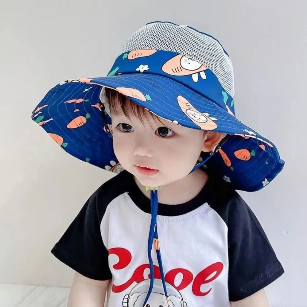 Cartoon Print Baby Sunshade Hat New Mesh Wide Brim Kids Fisherman Hat Breathable Sunshade Hat For Boys Girls