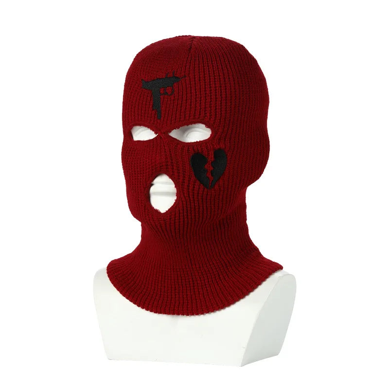 3Holes Winter Warm Unisex Balaclava Mask Hat Embroidery Full Face Mask Knitted Cycling Ski Snowboard Hat Cap Hip Hop Beanie Gift