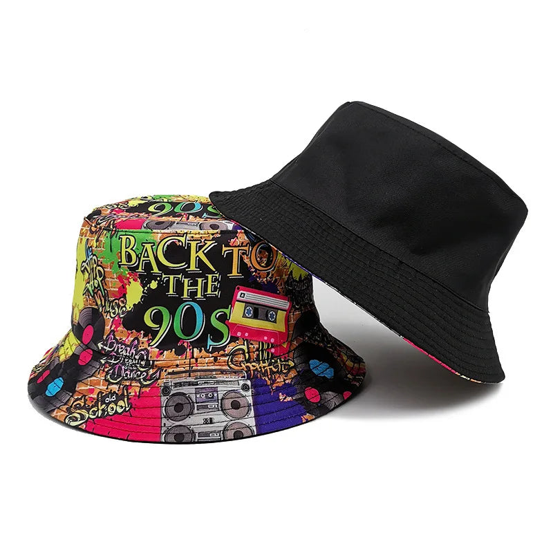 Europe and America Retro Nostalgic 90s Tape Pattern Bucket Hat Female Double Sided Spring and Summer Outdoor Sunscreen Sun Hat