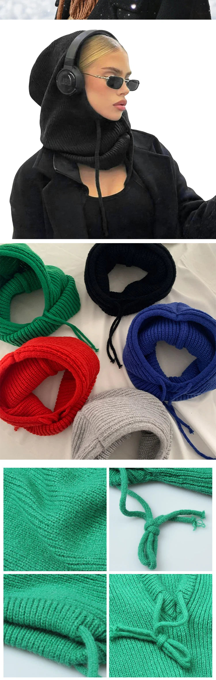 Winter Balaclava Hat for Men&Women Knitted Hooded Cap Outdoor Windproof Drawstring Hat One-Piece Neck Beanie Capofficial website