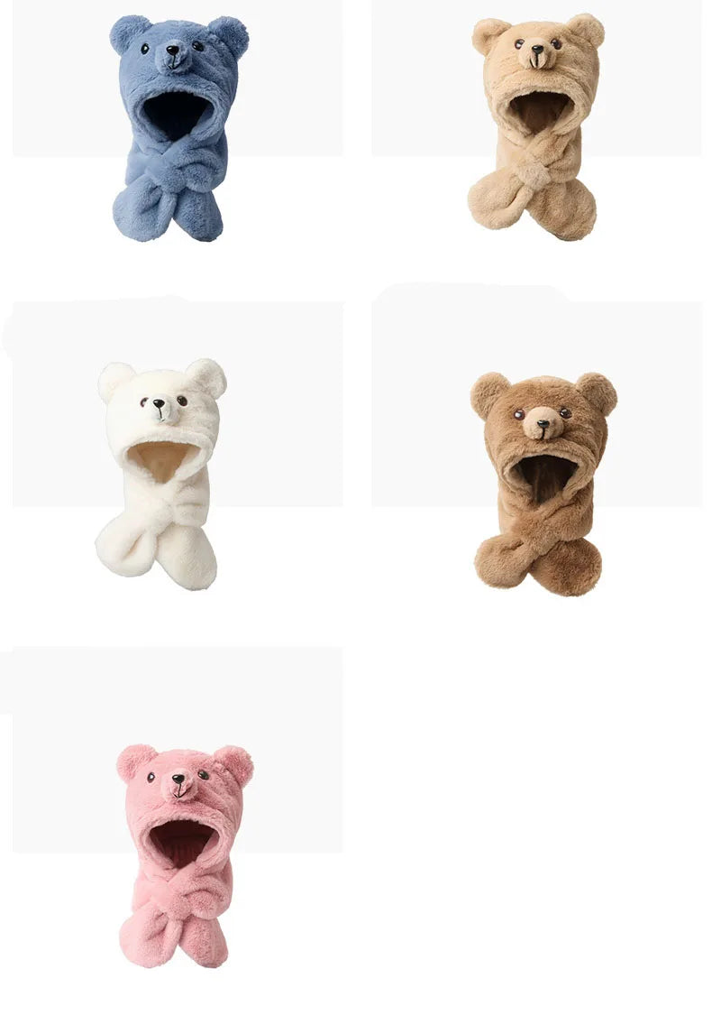 Children's Cartoon Bear Hat Baby Girl Autumn And Winter Korean Version Imitation Rabbit Fur Cute Scarf Integrated Warm Plush Hat