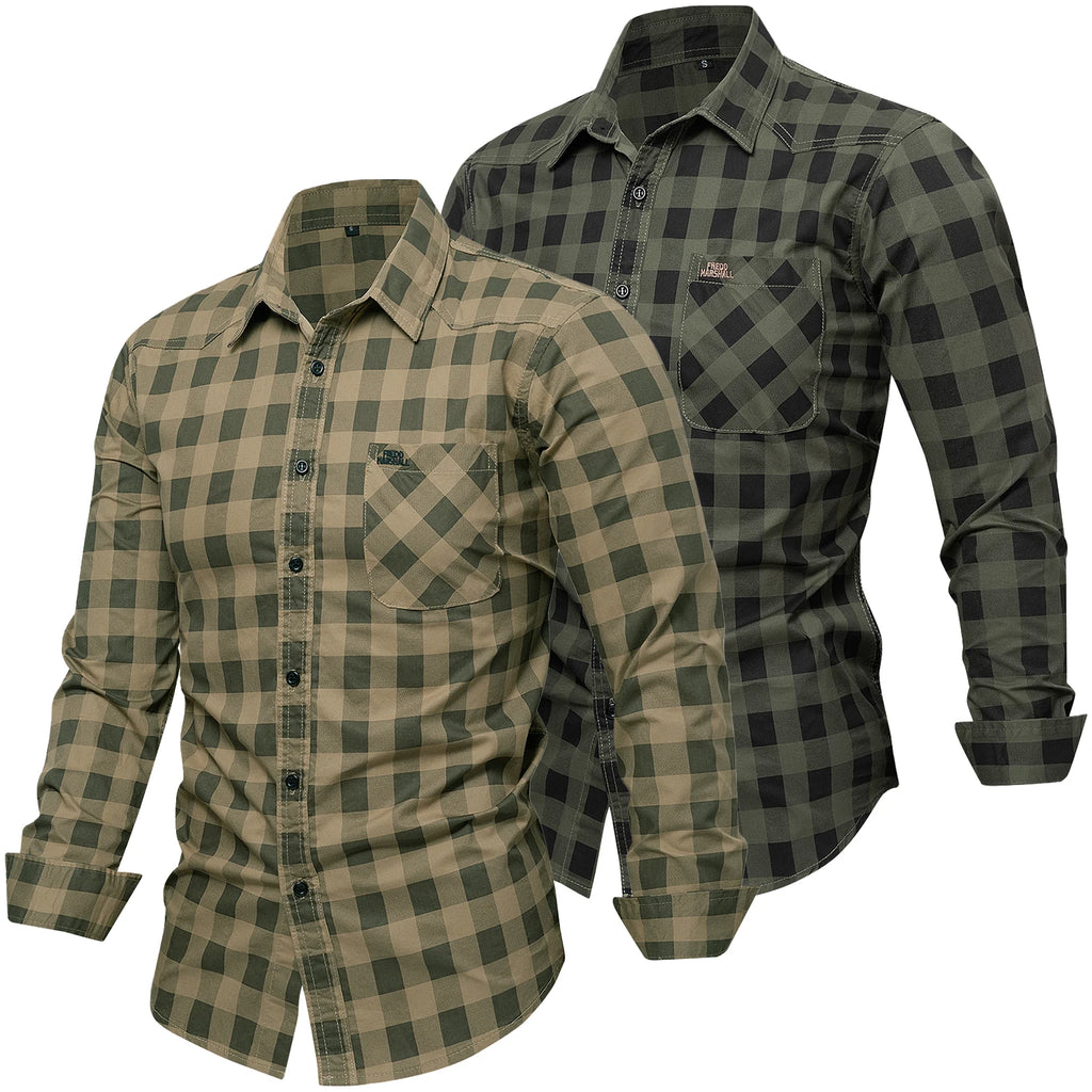 2025 Autumn New Fashion Men's 100% Cotton Plaid Shirt Tops Casual Button Down Long Sleeve Letter Embroidery Shirts with Pocket