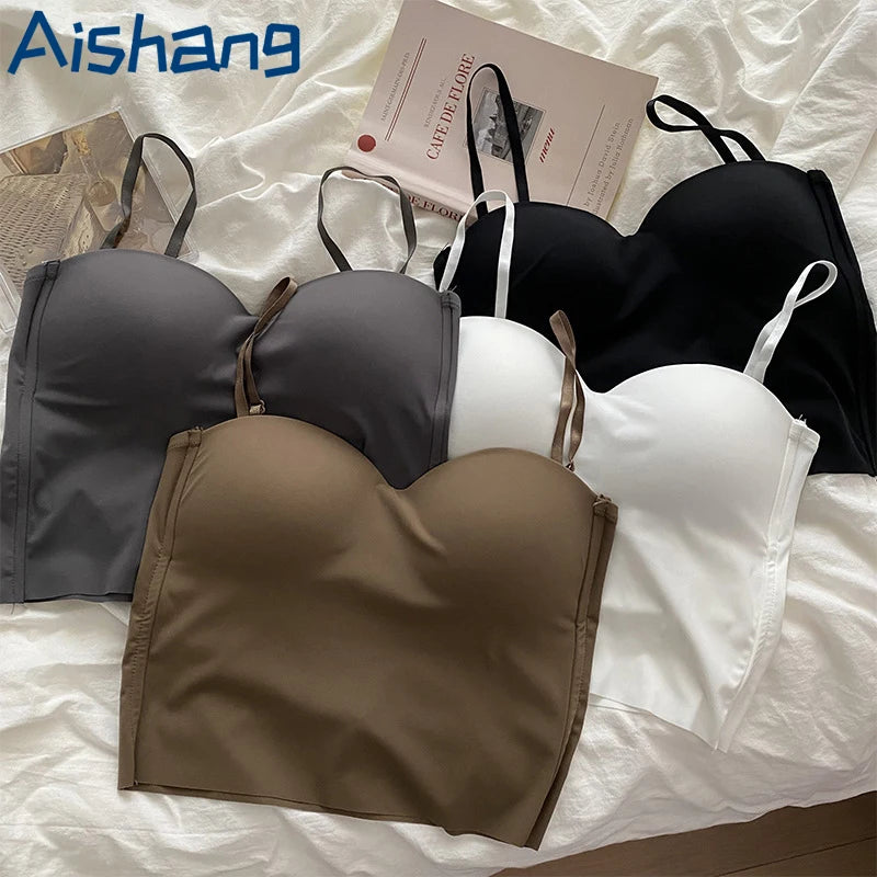 Aishang Ladies Thin Ice Silk Traceless Vest French Back Camisole Integrated Fixed Cup Inside Match Outside Wear Spice Wrap Chest