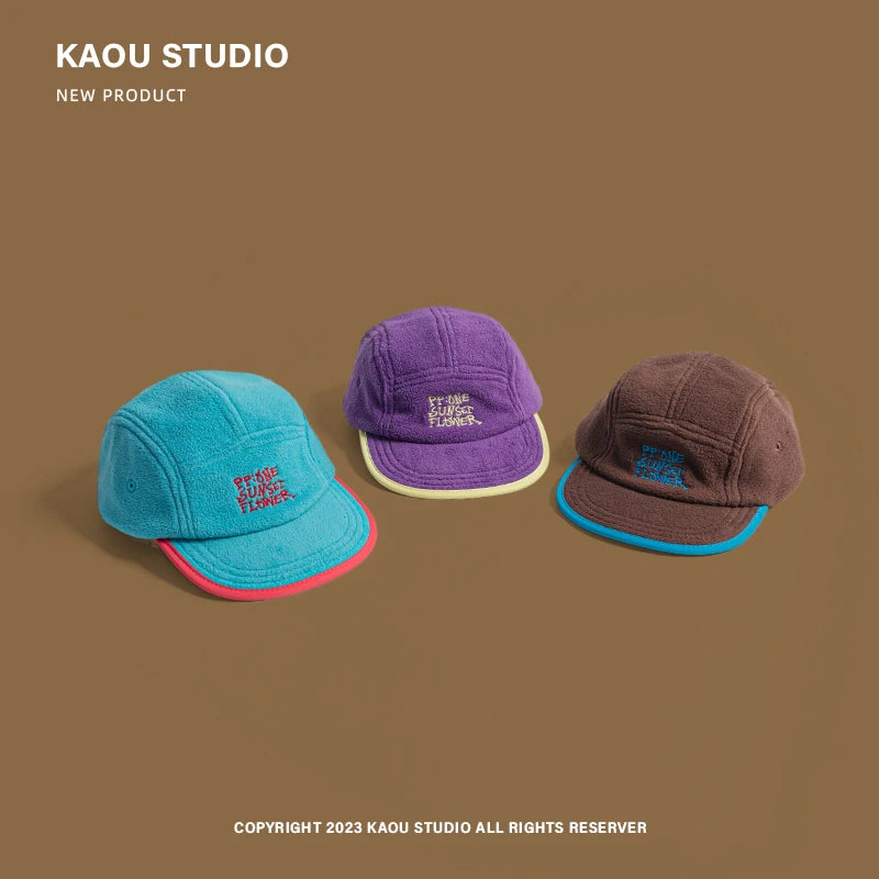 Flat brim niche baseball cap men's and women's retro fleece winter warm versatile cap
