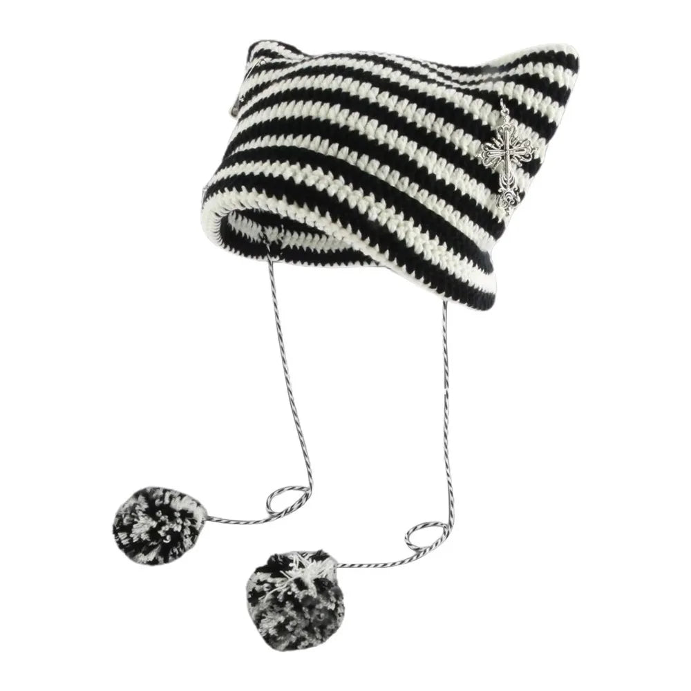 Y2K Beanie Hat Women Ins Devil Ear Striped Knitted Wool Cap Autumn Winter Hip-hop Crochet Cute Cat Ears Pointed Pullover Hats