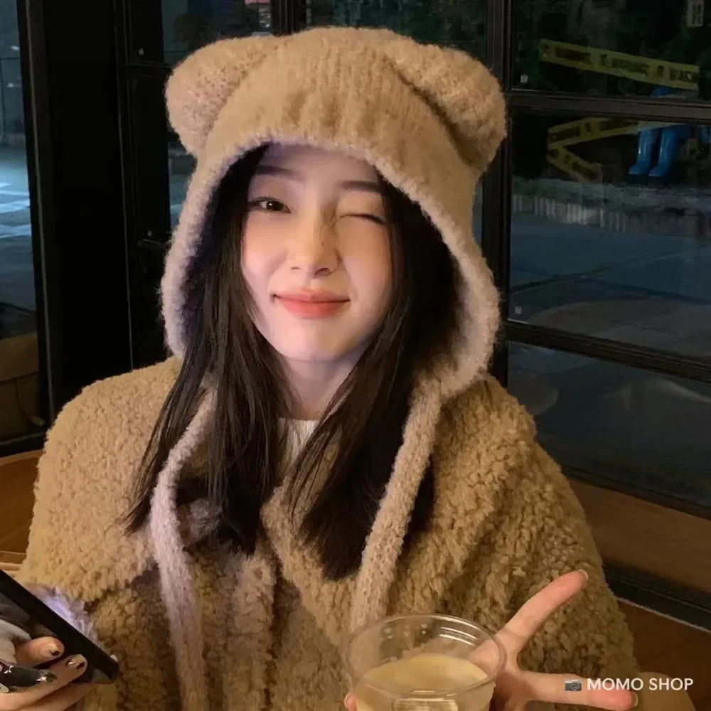 Cute Girl Knit Ear Protection Hat Bear Women Earmuffs Cap Woolen Crochet Bonnet Solid Color Hood Beanies Winter Warm Headgear