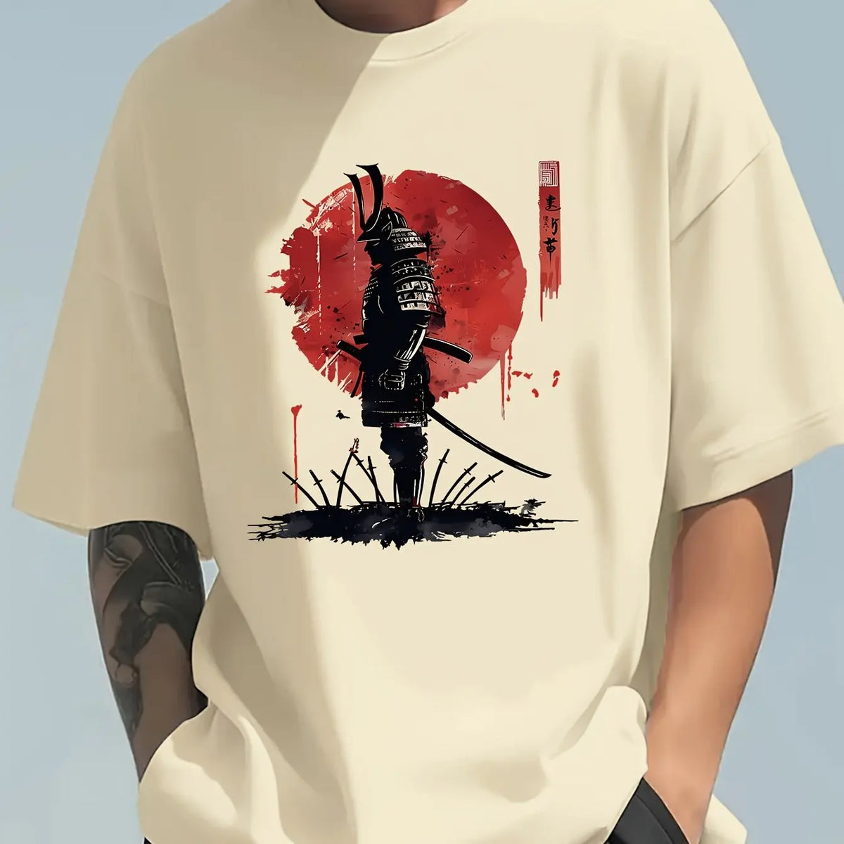 Men's Summer 100 Cotton Fashionable Casual Loose Japanese Samurai Pattern Printed Round Neck Short Sleeve T-shirt Top