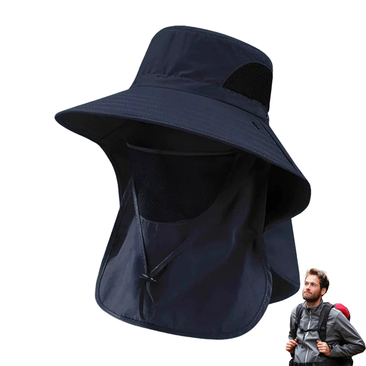 Polyester Sun Fishing Hat With Neck Cover Wide Brim UV Protection Breathable With Chin Strap For Beach Hiking Men Women