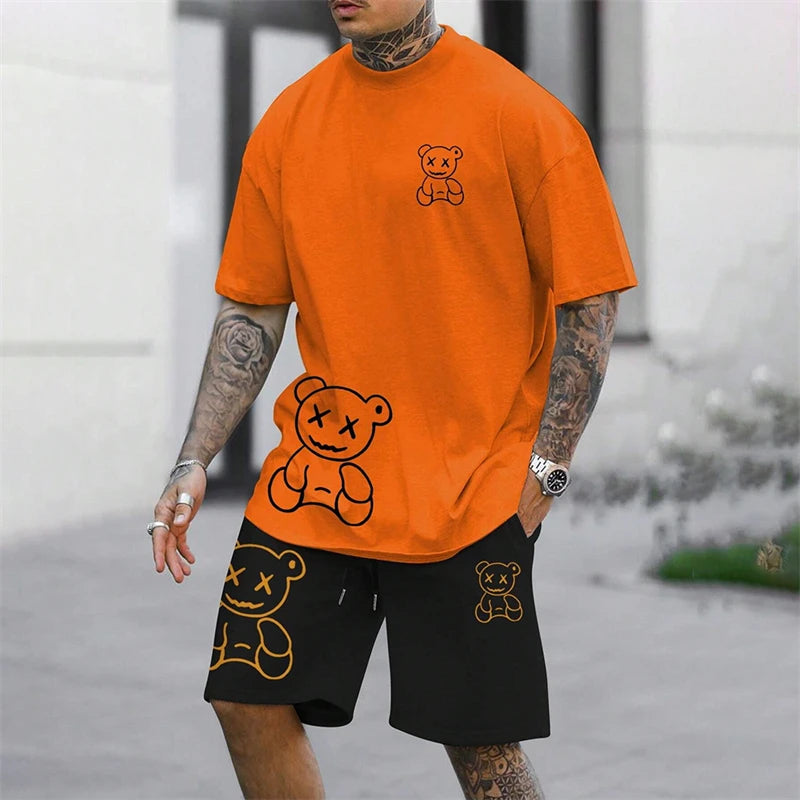 2024 Fun Bear Harajuku T-Shirt Men's Summer Loose Daily Couple Suit Outdoor Street Short Sleeve Shorts Two Piece Men Summer Suit