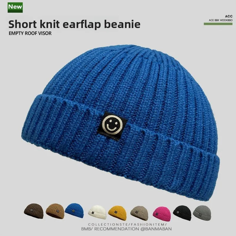 Men's Warm Smile Face Patch Knit Beanie Winter Skull Cap Short Cuff Soft Ribbed Knitted Hat for Outdoor Daily Wear