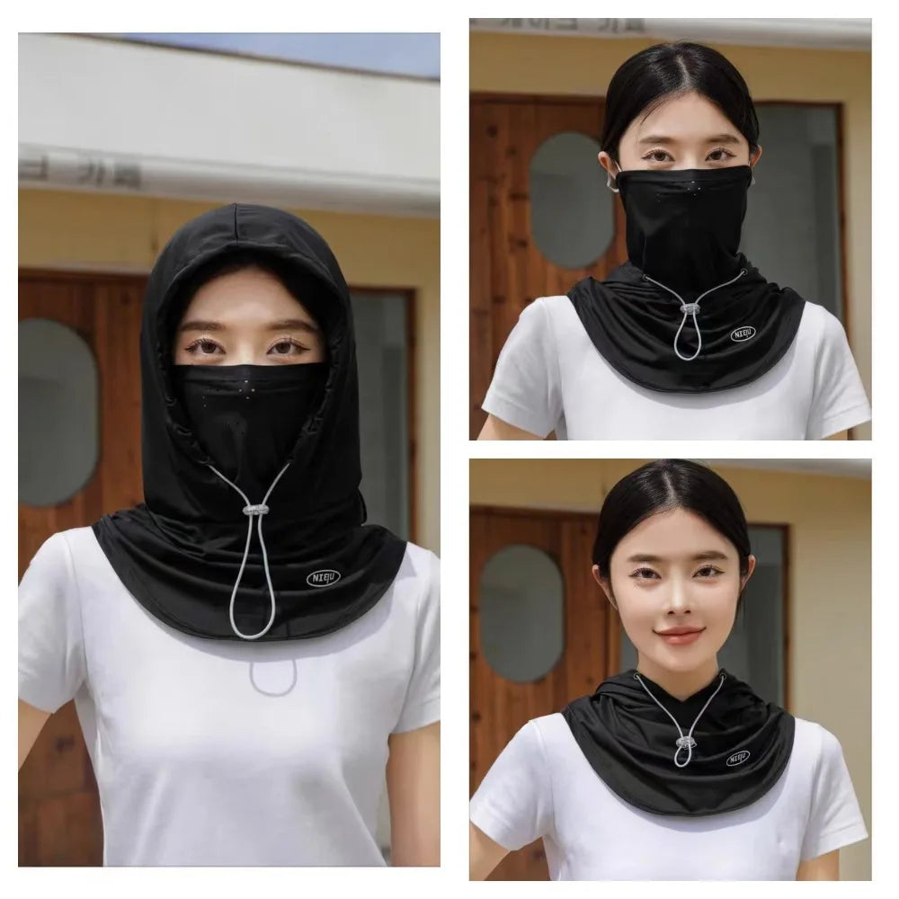 Head Wrap Unisex Beach Cap Summer Anti-UV Sunscreen Hat With Mask Shawl Breathable Ice Silk Pullover Cap