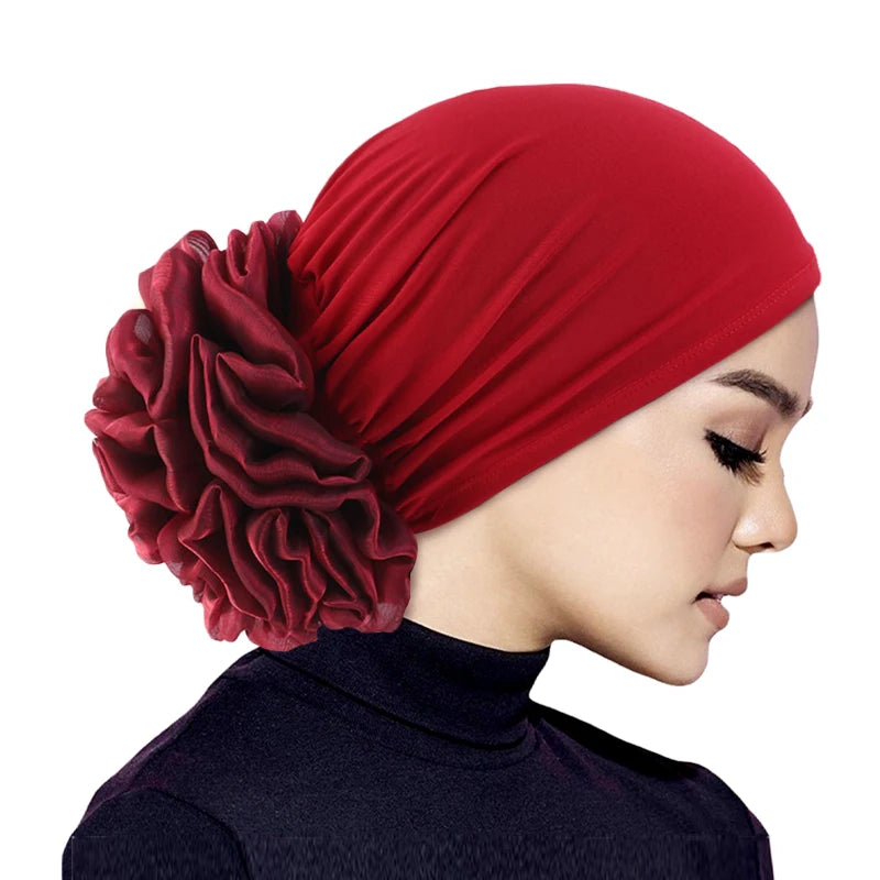 Women's Hijabs Turban Big Flower Elastic Cloth Hair Bands Hat Beanie Ladies Muslim Solid Hair Loss Scarf Cap Hair Accessories