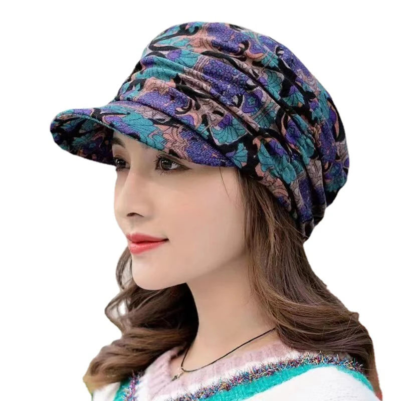 New Autumn Women Peaked Cap Short Brim Warm Foldable Earflap Women Cap Ethnic Style Floral Print Winter Hat Daily Clothing