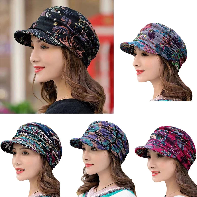 New Autumn Women Peaked Cap Short Brim Warm Foldable Earflap Women Cap Ethnic Style Floral Print Winter Hat Daily Clothing