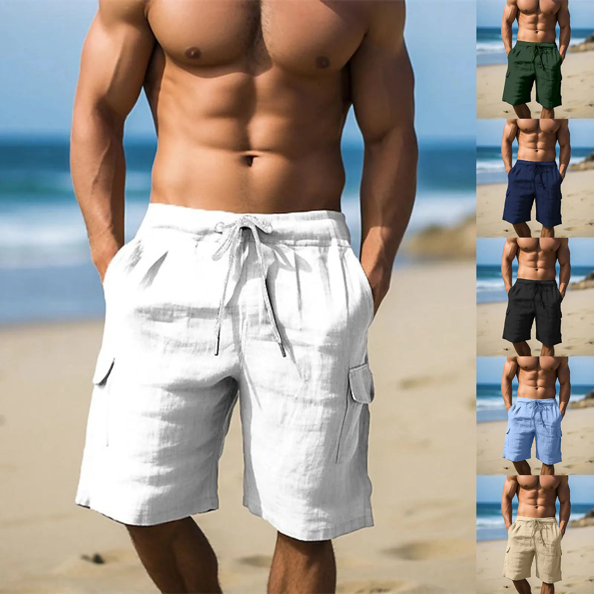 Men Spring And Summer Pant Casual All Solid Color Cotton Linen Loose Trouser Fashion Pockets Wide Leg High Waist A-word Shorts